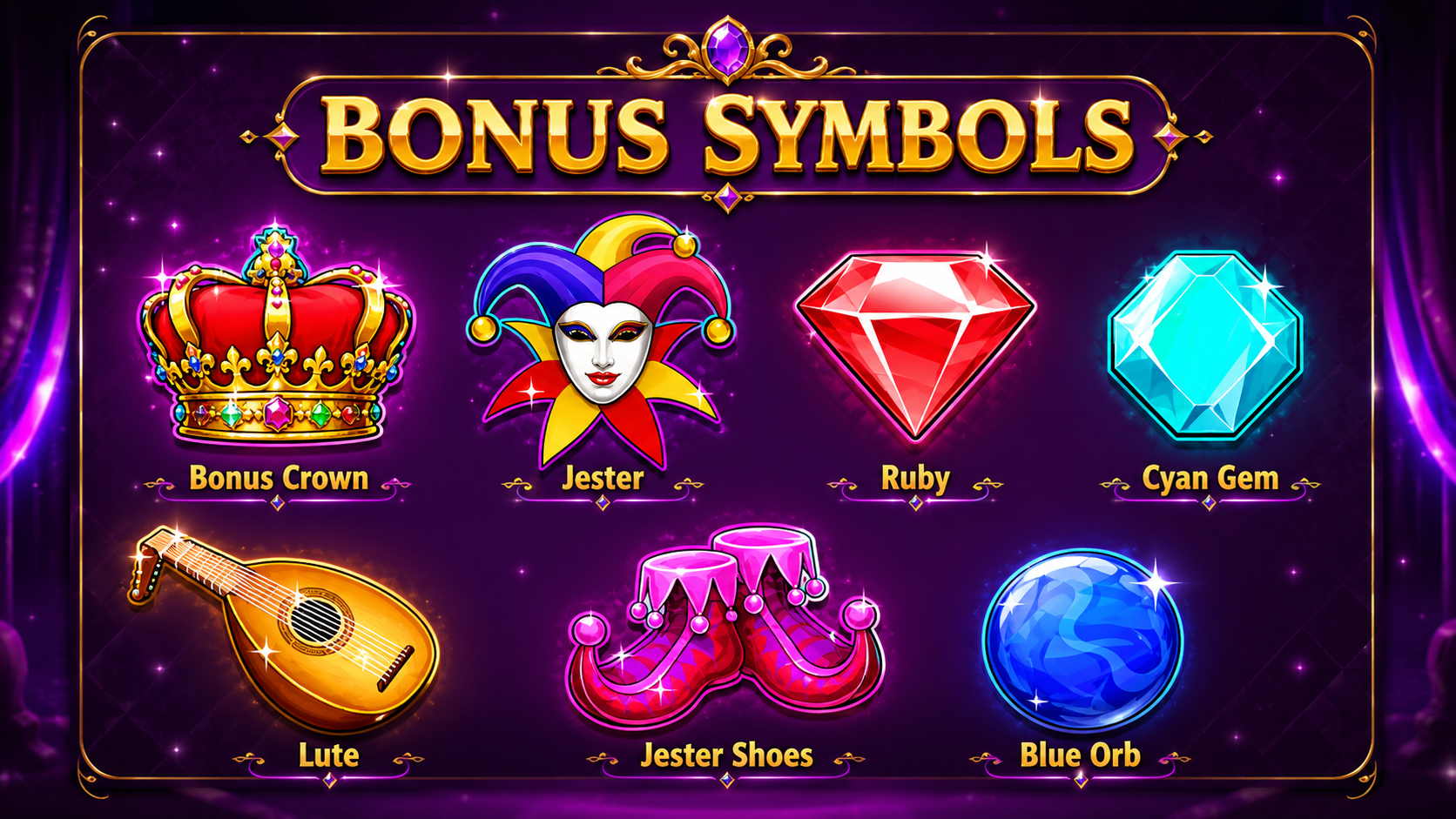 Corona dorada de Joker's Jewels sobre fondo morado con monedas